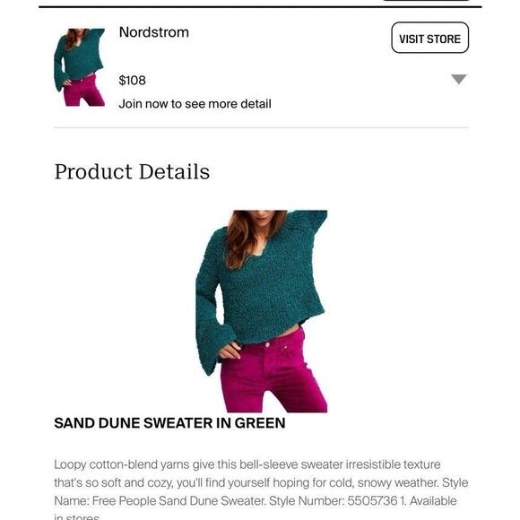 Free People Dune Bell Sleeved Green Oversized Cropped Knit V Neck Sweater S - Picture 9 of 15